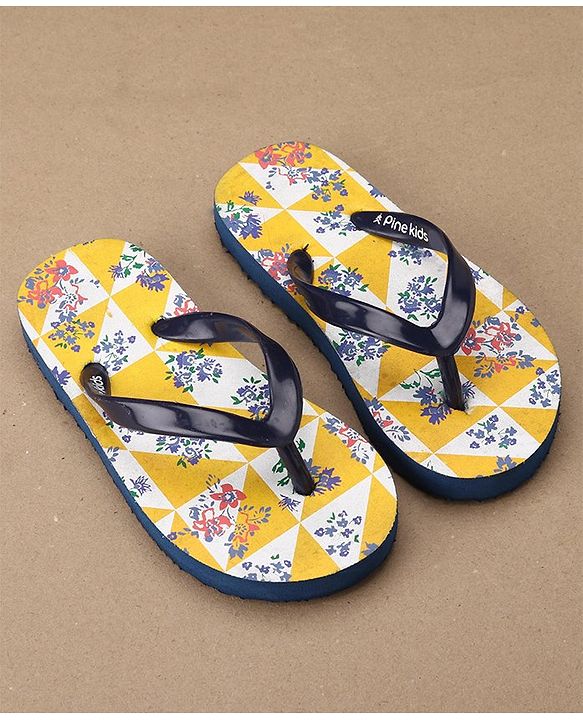 Pine Kids Slip On Flip Flops Floral Print - Yellow Navy Blue