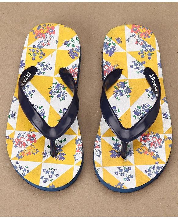 Pine Kids Slip On Flip Flops Floral Print - Yellow Navy Blue