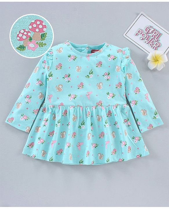 Babyhug 100% Cotton Knit Full Sleeves Floral Printed Frock Style Onesie - Blue