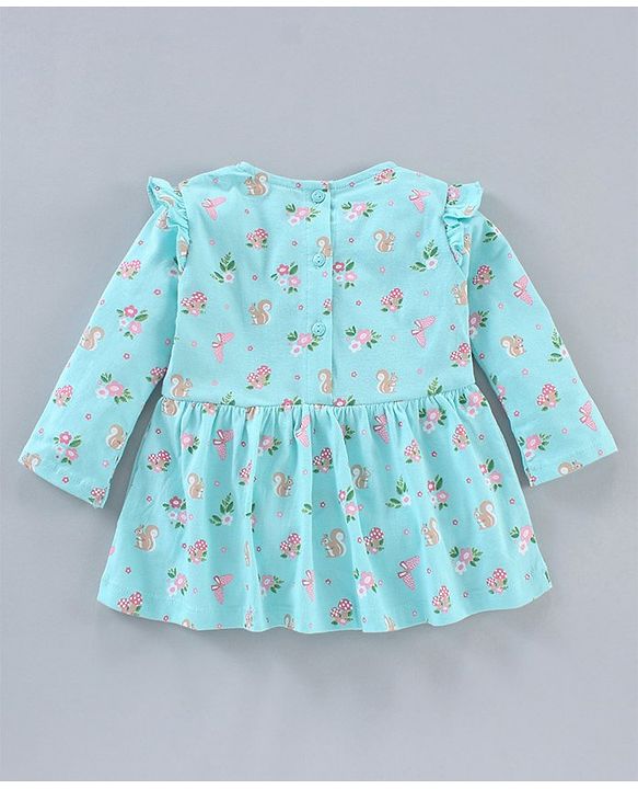 Babyhug 100% Cotton Knit Full Sleeves Floral Printed Frock Style Onesie - Blue