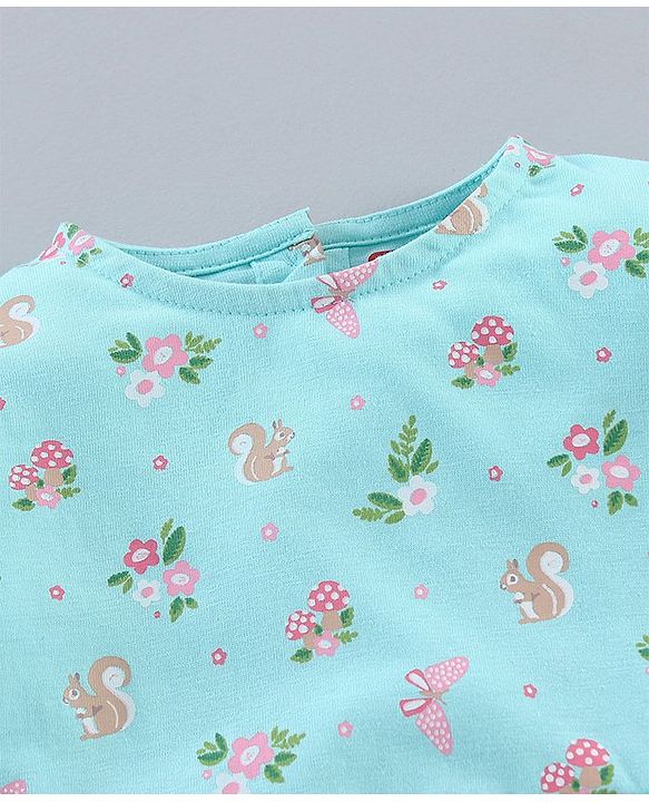Babyhug 100% Cotton Knit Full Sleeves Floral Printed Frock Style Onesie - Blue