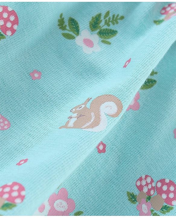 Babyhug 100% Cotton Knit Full Sleeves Floral Printed Frock Style Onesie - Blue