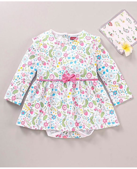 Babyhug 100% Cotton Full Sleeves Frock Style Onesie with Bow Applique and Floral Print - Blue