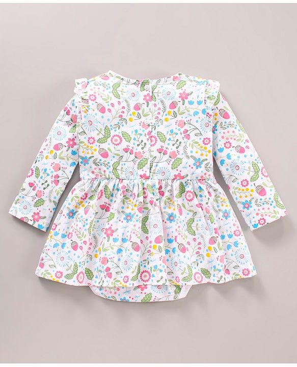 Babyhug 100% Cotton Full Sleeves Frock Style Onesie with Bow Applique and Floral Print - Blue