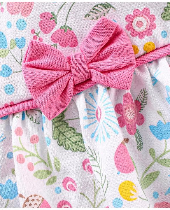 Babyhug 100% Cotton Full Sleeves Frock Style Onesie with Bow Applique and Floral Print - Blue