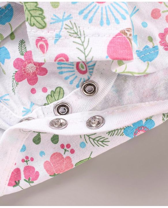 Babyhug 100% Cotton Full Sleeves Frock Style Onesie with Bow Applique and Floral Print - Blue