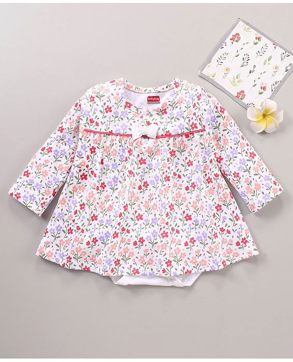 Babyhug 100% Cotton Full Sleeves Frock Style Onesie with Bow Applique and Floral Print - Multicolor