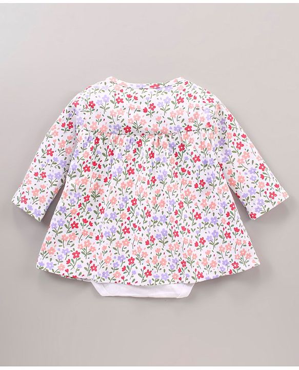 Babyhug 100% Cotton Full Sleeves Frock Style Onesie with Bow Applique and Floral Print - Multicolor