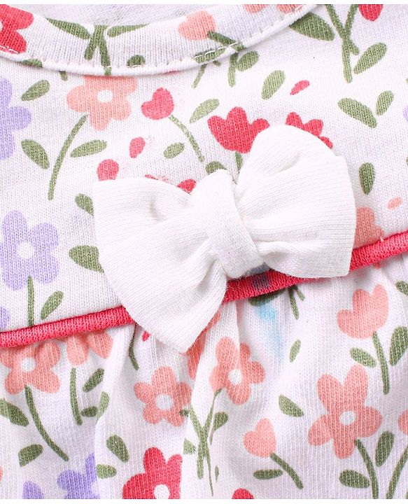 Babyhug 100% Cotton Full Sleeves Frock Style Onesie with Bow Applique and Floral Print - Multicolor