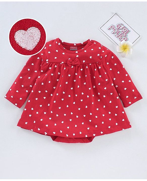 Babyhug 100% Cotton Knit Full Sleeves Heart Printed Frock Style Onesie - Red