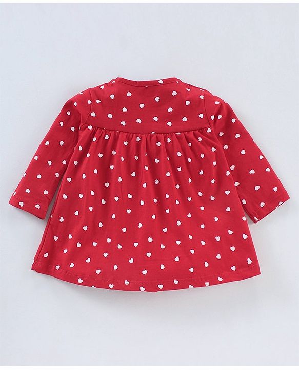 Babyhug 100% Cotton Knit Full Sleeves Heart Printed Frock Style Onesie - Red