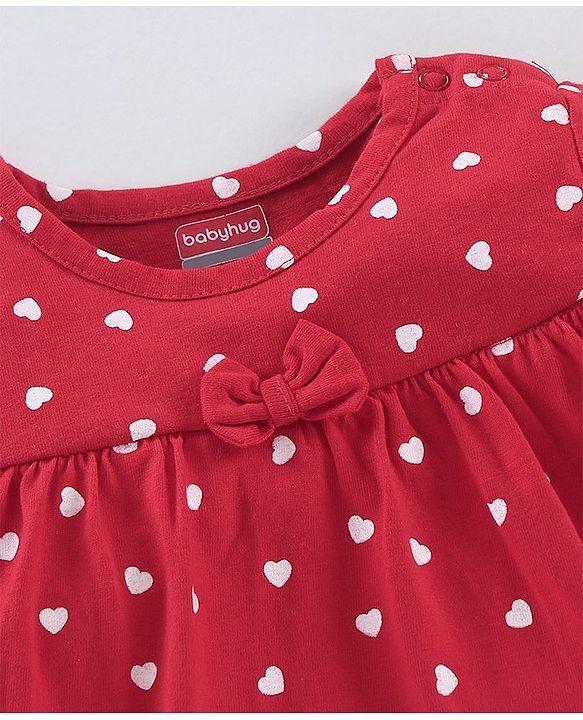 Babyhug 100% Cotton Knit Full Sleeves Heart Printed Frock Style Onesie - Red