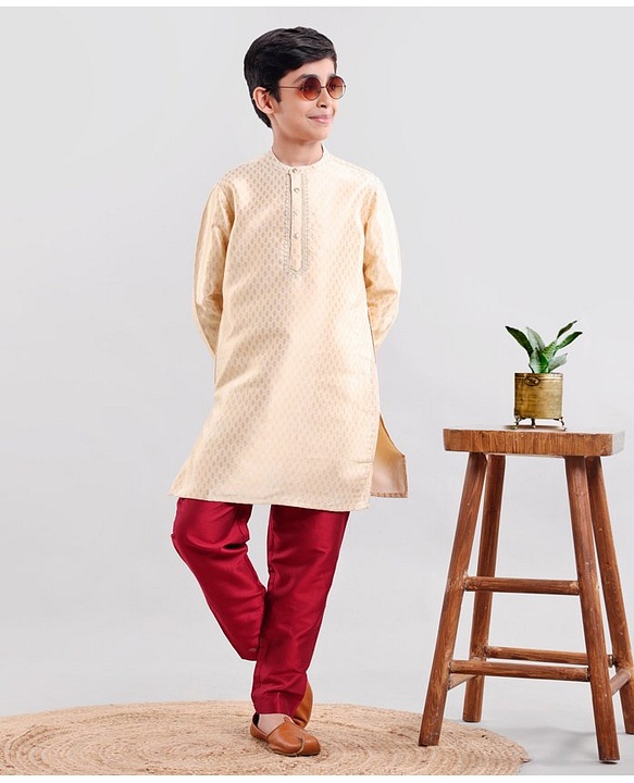 Pine Kids Full Sleeves Brocade Kurta & Pajama Set - Beige