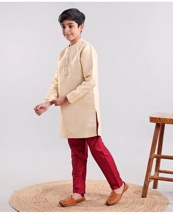 Pine Kids Full Sleeves Brocade Kurta & Pajama Set - Beige