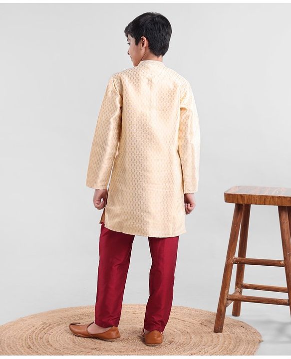 Pine Kids Full Sleeves Brocade Kurta & Pajama Set - Beige