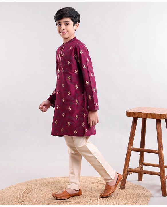 Pine Kids Full Sleeves Ethnic Design Embroidered Kurta Pajama Set - Magenta