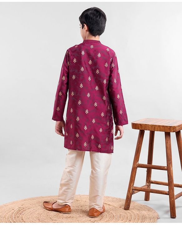 Pine Kids Full Sleeves Ethnic Design Embroidered Kurta Pajama Set - Magenta