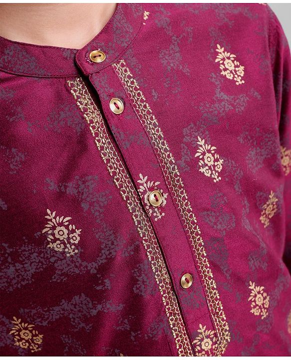 Pine Kids Full Sleeves Ethnic Design Embroidered Kurta Pajama Set - Magenta