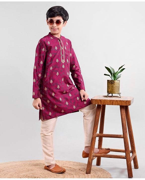 Pine Kids Full Sleeves Ethnic Design Embroidered Kurta Pajama Set - Magenta