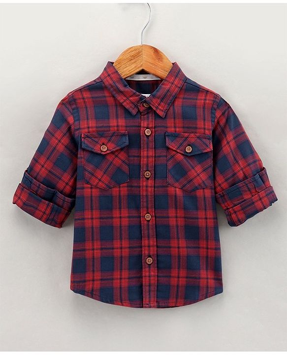 Babyhug Cotton Woven Full Sleeves Checks Shirt - Navy Red