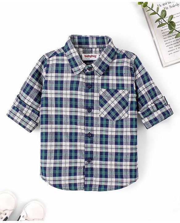 Babyhug Cotton Full Sleeves Checked Shirt- Navy Green
