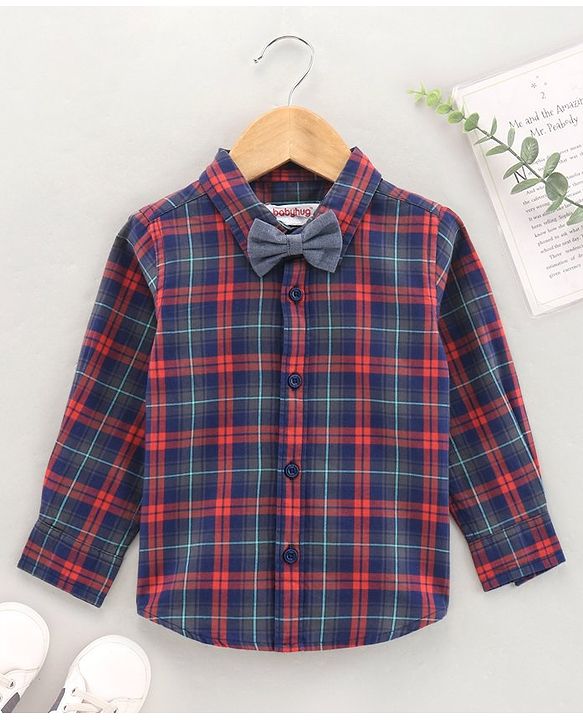 Babyhug Cotton Full Sleeves Checks Shirt With A Bow - Orange Navy