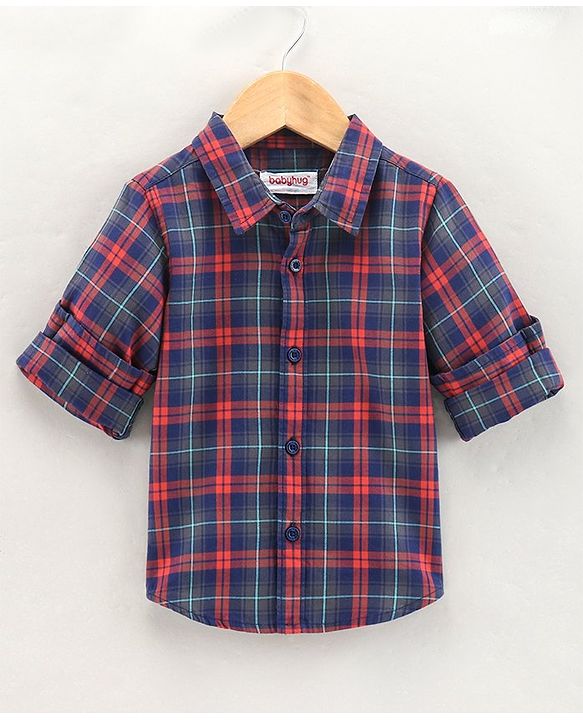 Babyhug Cotton Full Sleeves Checks Shirt With A Bow - Orange Navy