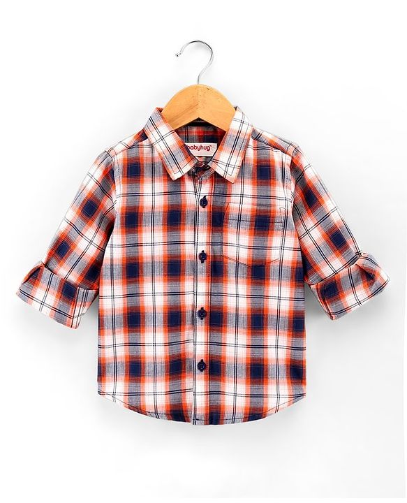 Babyhug Cotton Full Sleeves Checked Shirt With Pocket - Orange