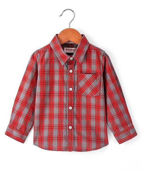 Babyhug Cotton Full Sleeves Checked Shirt- Orange Grey