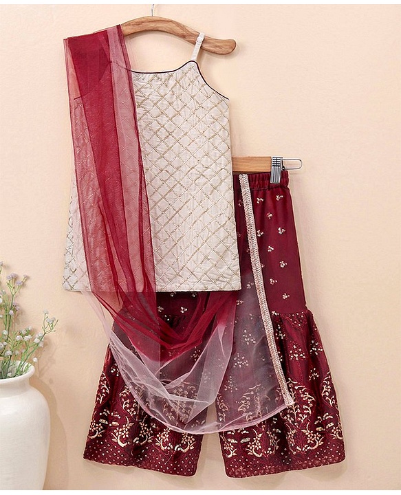 Babyhug Sleeveless Kurti & Sharara with Dupatta with Sequins Detailing & Floral Embroidery - Beige & Maroon