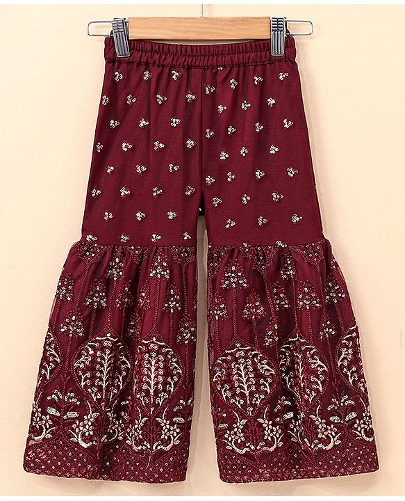 Babyhug Sleeveless Kurti & Sharara with Dupatta with Sequins Detailing & Floral Embroidery - Beige & Maroon