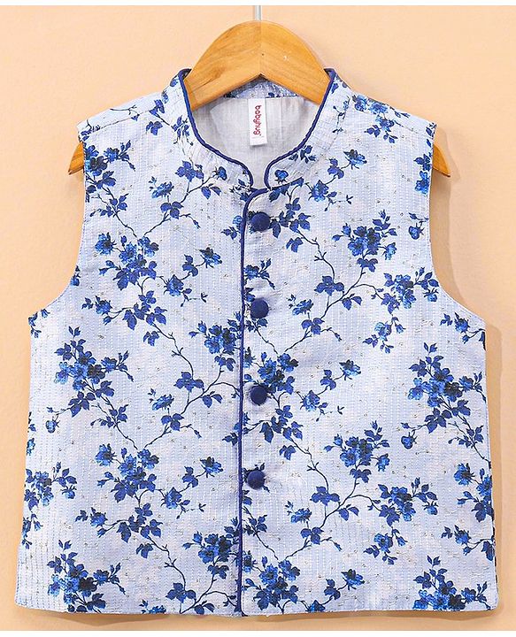 Babyhug Full Sleeves Solid Kurta & Pyjama Set With Floral Printed Jacket - Royal Blue