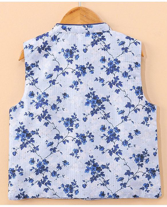 Babyhug Full Sleeves Solid Kurta & Pyjama Set With Floral Printed Jacket - Royal Blue