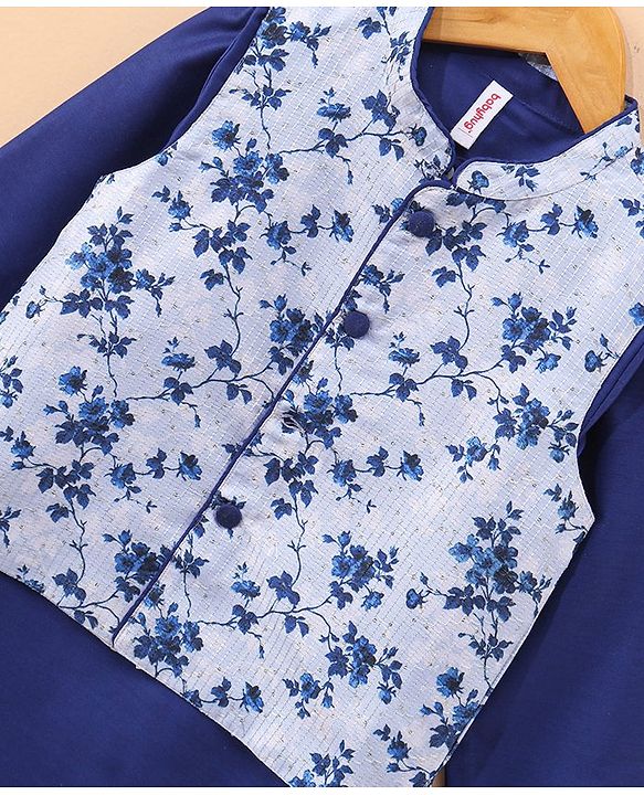 Babyhug Full Sleeves Solid Kurta & Pyjama Set With Floral Printed Jacket - Royal Blue