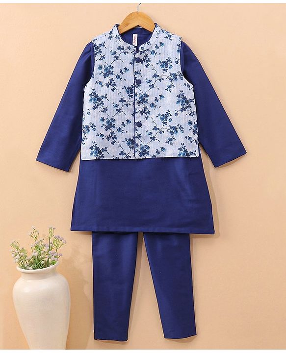 Babyhug Full Sleeves Solid Kurta & Pyjama Set With Floral Printed Jacket - Royal Blue