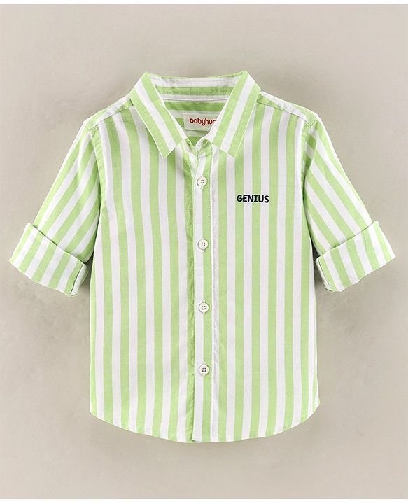Babyhug Full Sleeves Cotton Striped Shirt With Embroidery- Green