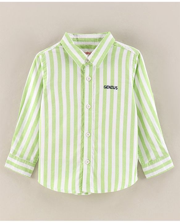 Babyhug Full Sleeves Cotton Striped Shirt With Embroidery- Green