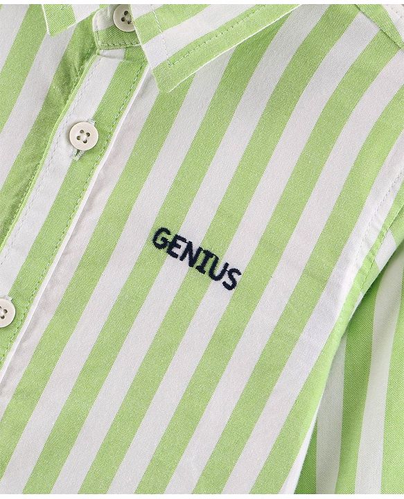 Babyhug Full Sleeves Cotton Striped Shirt With Embroidery- Green