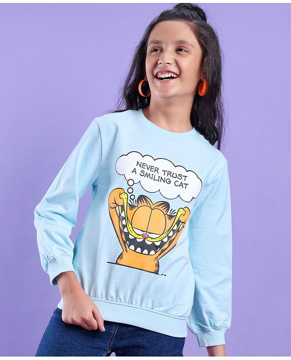 Pine Kids Cotton Knit Full Sleeves Garfeild Collection Bio Washed Crew Neck Sweatshirt - Blue