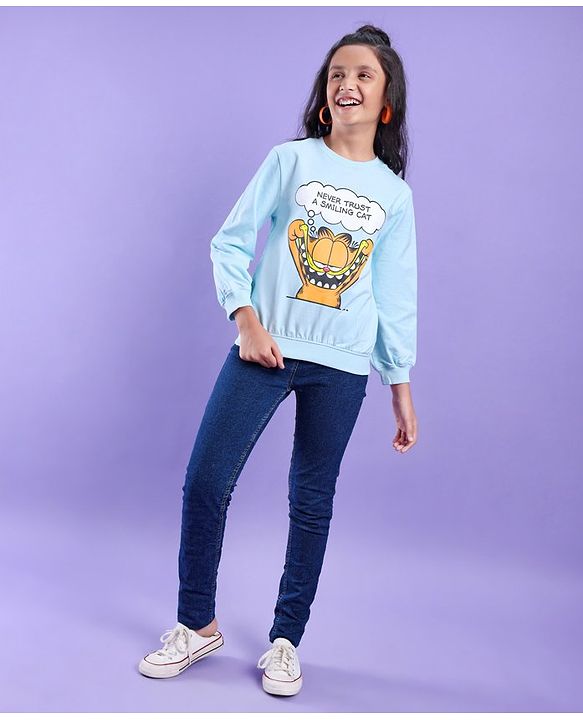 Pine Kids Cotton Knit Full Sleeves Garfeild Collection Bio Washed Crew Neck Sweatshirt - Blue