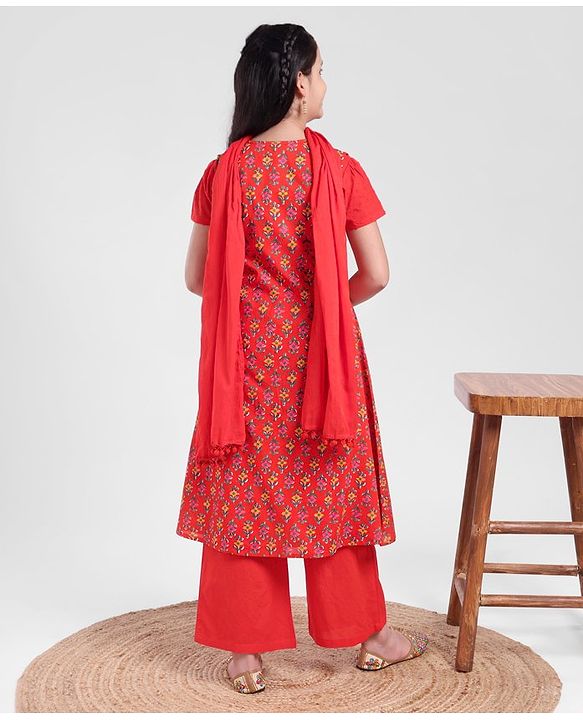 Pine Kids Half Sleeves Kurti And Churidar Set With Jacket- Red