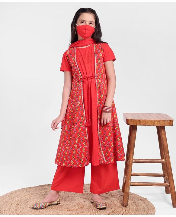 Pine Kids Half Sleeves Kurti And Churidar Set With Jacket- Red