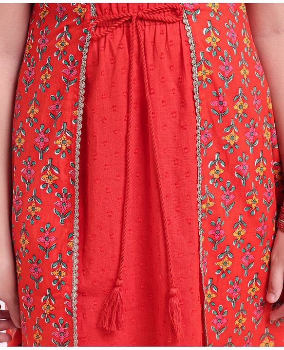 Pine Kids Half Sleeves Kurti And Churidar Set With Jacket- Red