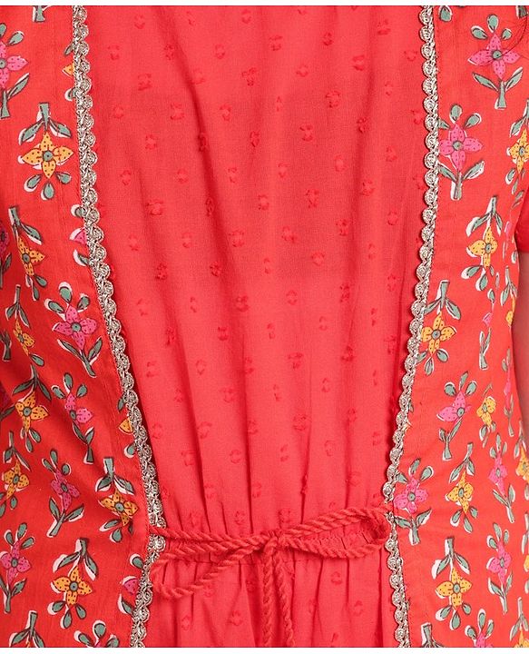 Pine Kids Half Sleeves Kurti And Churidar Set With Jacket- Red