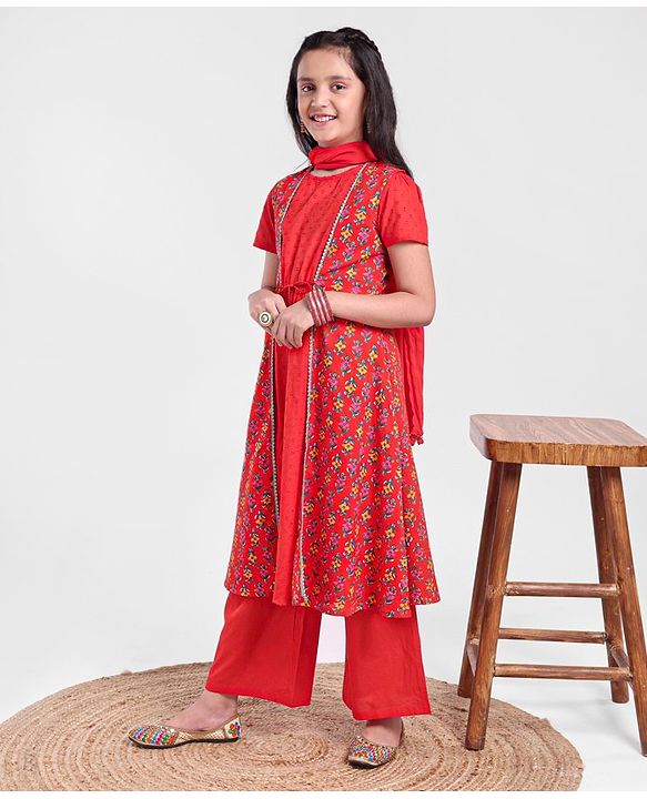 Pine Kids Half Sleeves Kurti And Churidar Set With Jacket- Red