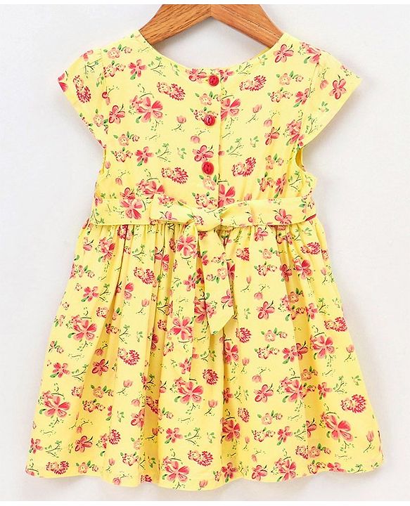 Babyhug 100% Cotton Cap Sleeves Frock Dress with Bow Applique - Yellow