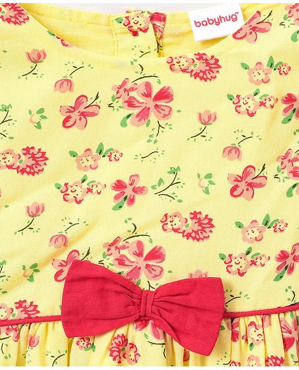 Babyhug 100% Cotton Cap Sleeves Frock Dress with Bow Applique - Yellow