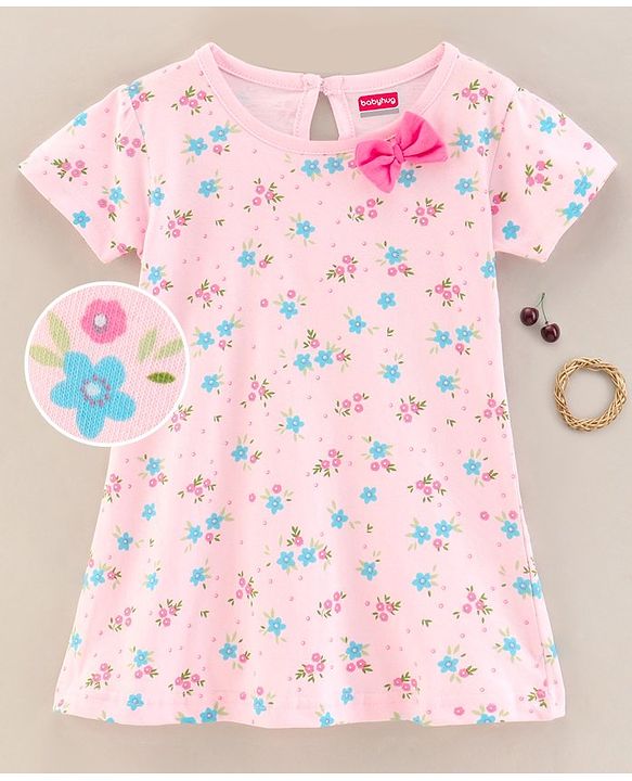 Babyhug 100% Cotton Knit Short Sleeves Floral Printed Frock with Bow Corsage - Light Pink