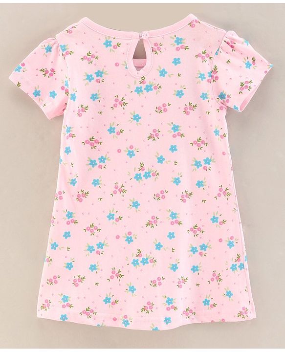 Babyhug 100% Cotton Knit Short Sleeves Floral Printed Frock with Bow Corsage - Light Pink