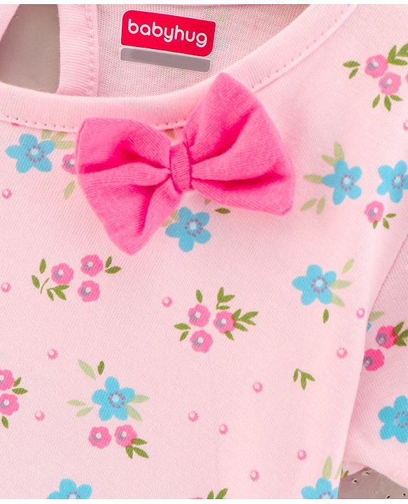 Babyhug 100% Cotton Knit Short Sleeves Floral Printed Frock with Bow Corsage - Light Pink